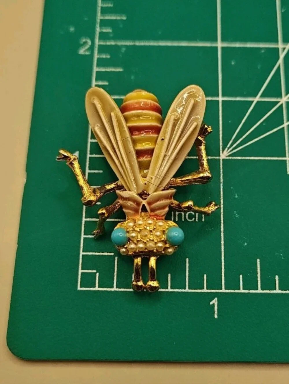 Vtg Bee Bug Flying Insects Enamel Brooch Glass Jelly Belly Lapel Pin Signed CFW